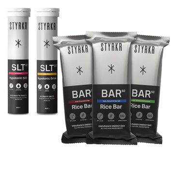 STYRKR Sample Taster Bundle - 3 x BAR 50 Rice Bars, 2 x Tubes of SLT Hypnotic Electrolyte Tablets (1 x 1000mg, 1 x 50mg) For Cycling & Running.-1