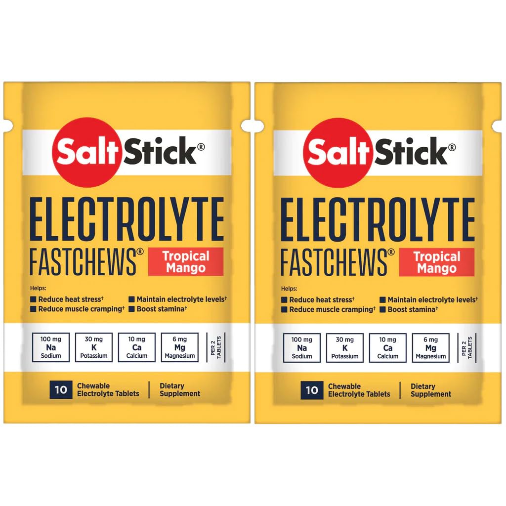 SaltStick Fastchews, Electrolyte Replacement Tablets for Rehydration, Exercise Recovery, Youth & Adult Athletes, Hiking & Sports Recovery, 2 x Packets of 10 Tablets (Tropical Mango)-1