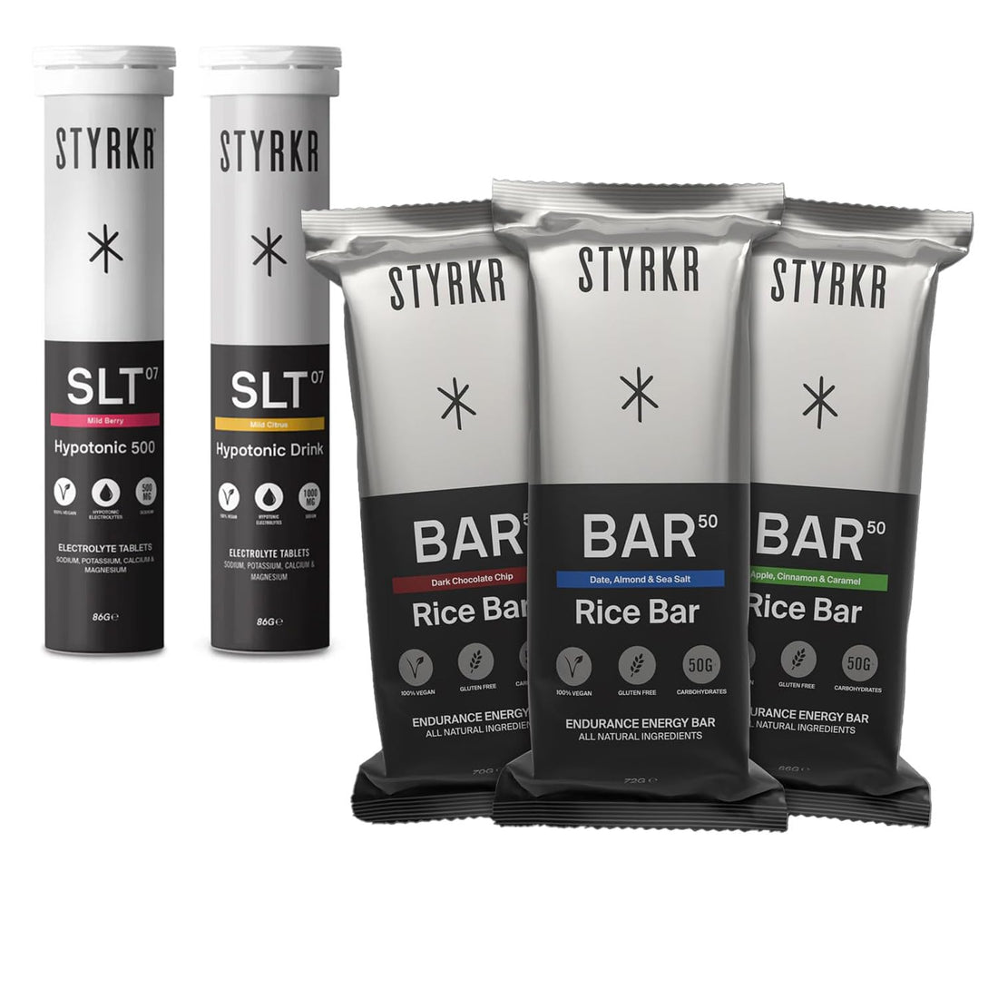 STYRKR Sample Taster Bundle - 3 x BAR 50 Rice Bars, 2 x Tubes of SLT Hypnotic Electrolyte Tablets (1 x 1000mg, 1 x 50mg) For Cycling & Running.-1