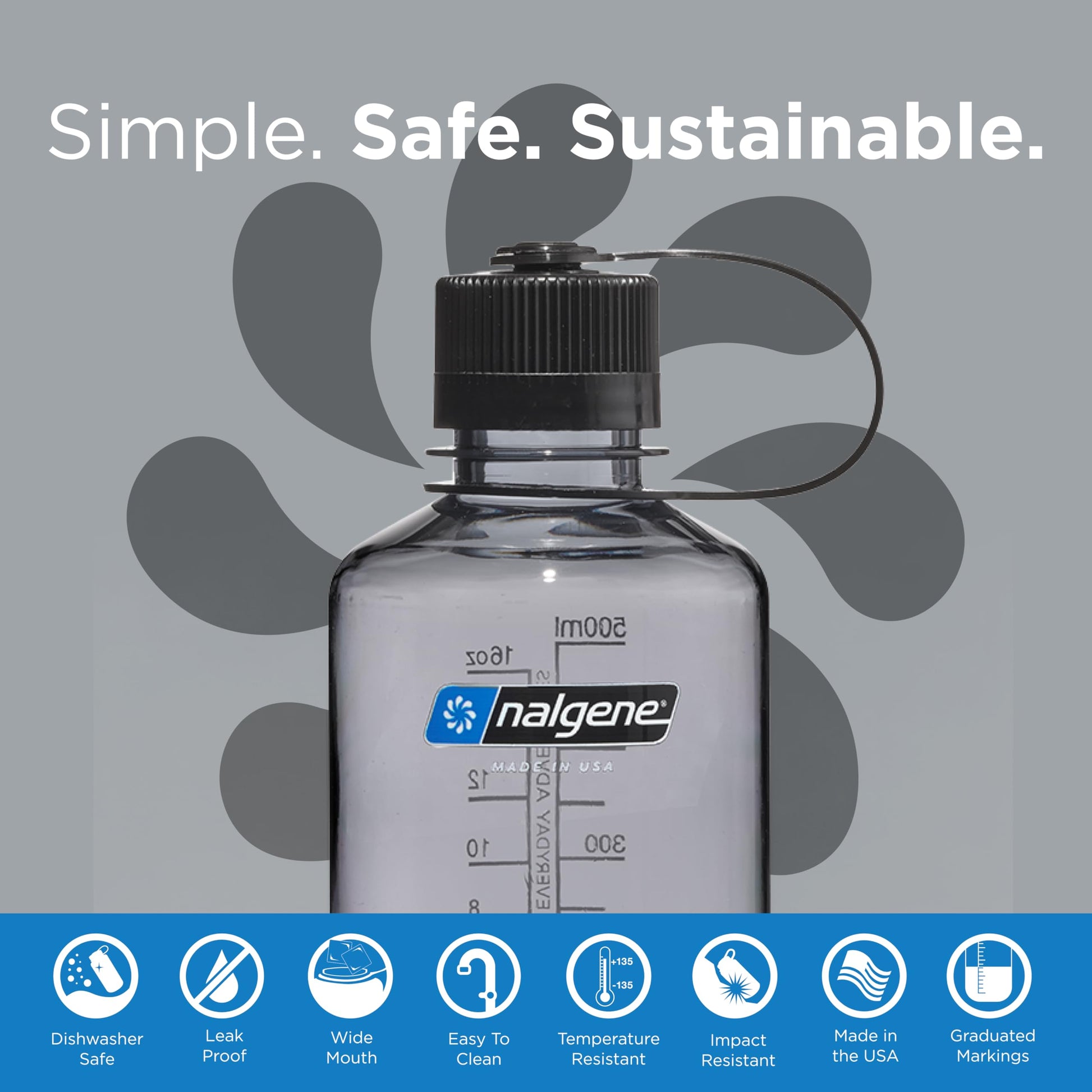Nalgene Sustain Tritan BPA-Free Water Bottle Made with Material Derived from 50% Plastic Waste, 16 OZ, Narrow Mouth, Gray-2