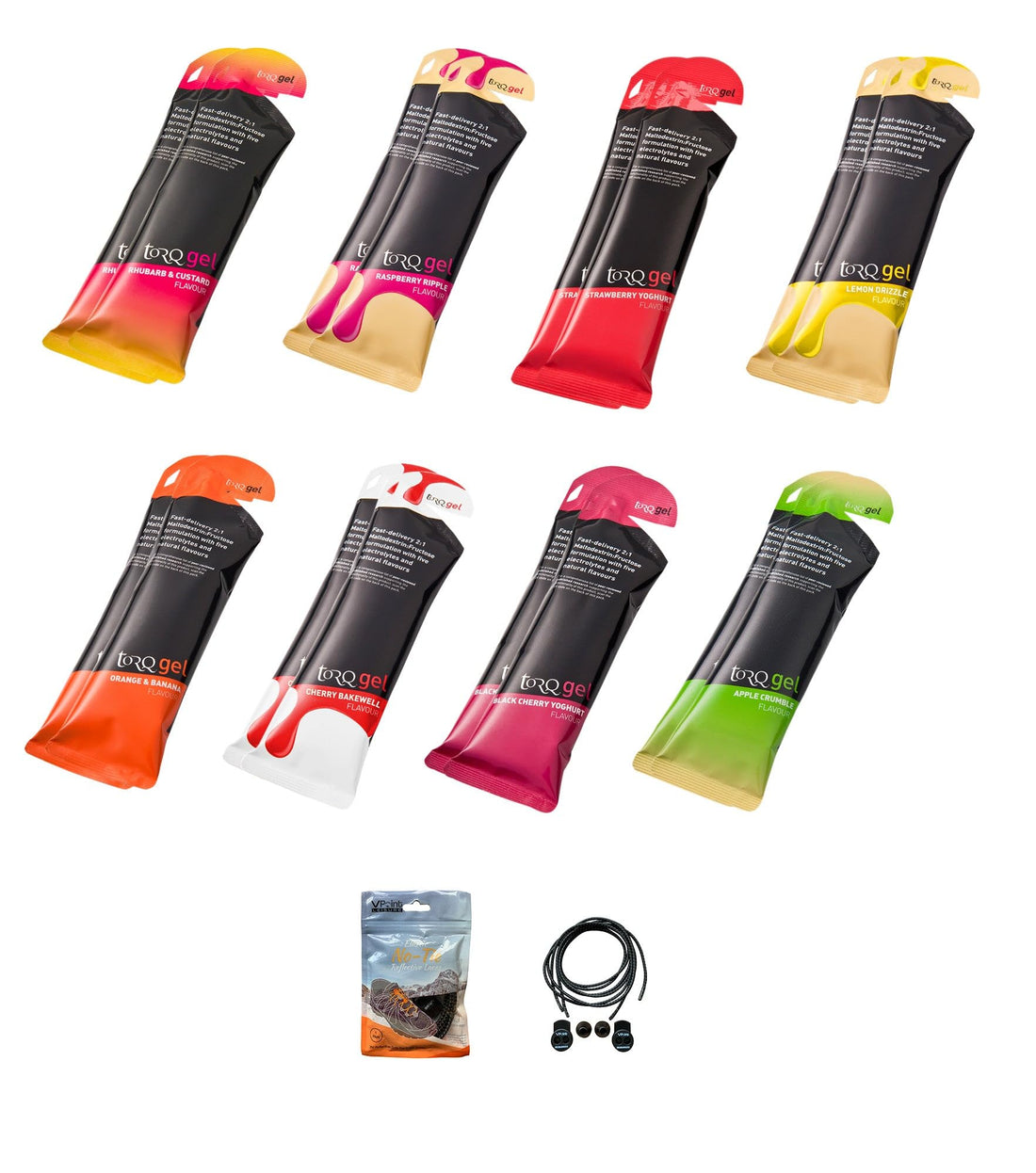 TORQ Energy Gels - Pack of 16 Sachets, 8 Different Flavours. Bundle with an Exclusive Pack of Elastic No-tie Reflective Shoe Laces-1