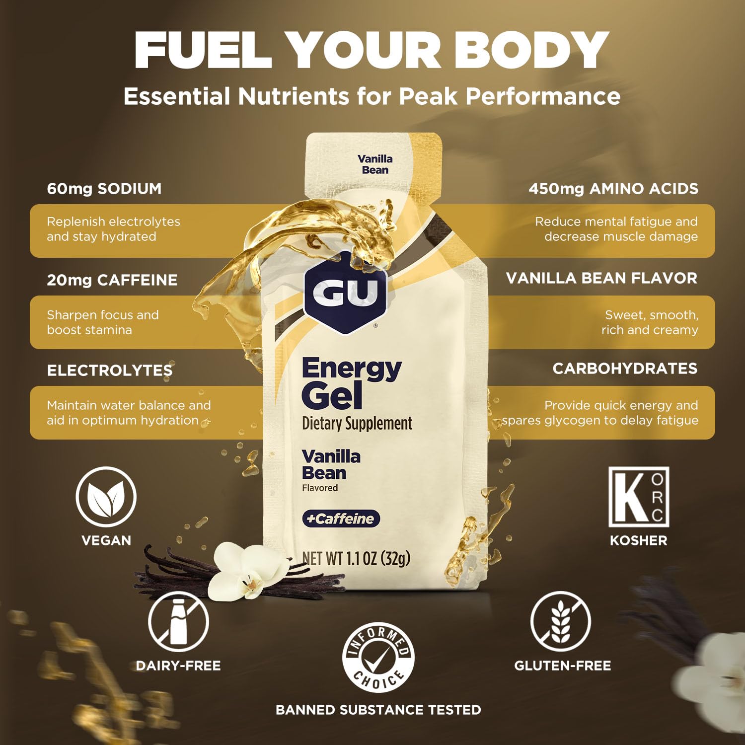 Energy Gels 24 Pack Vanilla Bean Flavour - Running Gels Energy Triathlon Pre-Workout and Endurance Sports Gel with Carbohydrates Sodium Caffeine Pouches Amino Acids Electrolyte Gel Fuel Gym Food-4