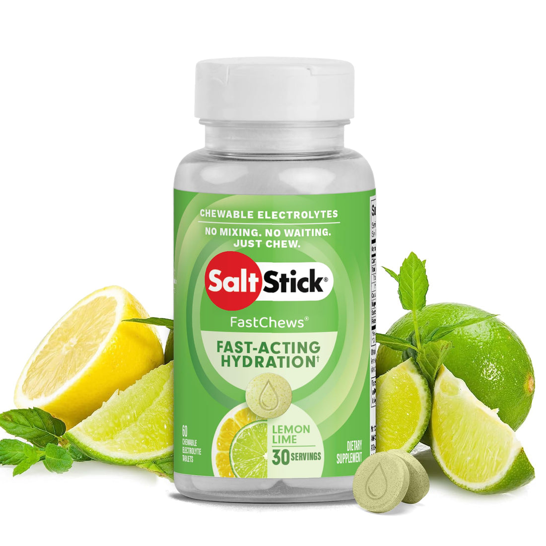 SaltStick FastChews Electrolytes | 60 Chewable Electrolyte Tablets | Salt Tablets for Runners and Endurance Sports Nutrition | Hydration Electrolyte Chews | Vegan | Lemon Lime | 60 Tablets-1