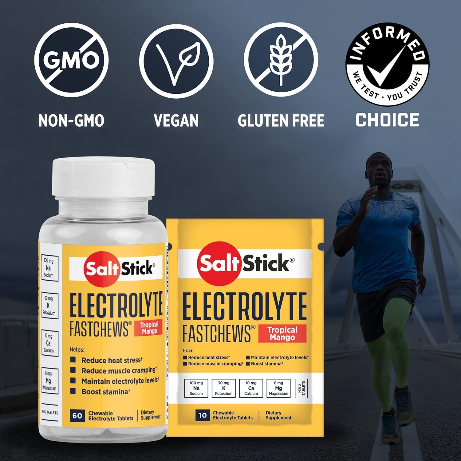 SaltStick Fastchews, Electrolyte Replacement Tablets for Rehydration, Exercise Recovery, Youth & Adult Athletes, Hiking & Sports Recovery, 2 x Packets of 10 Tablets (Tropical Mango)-2