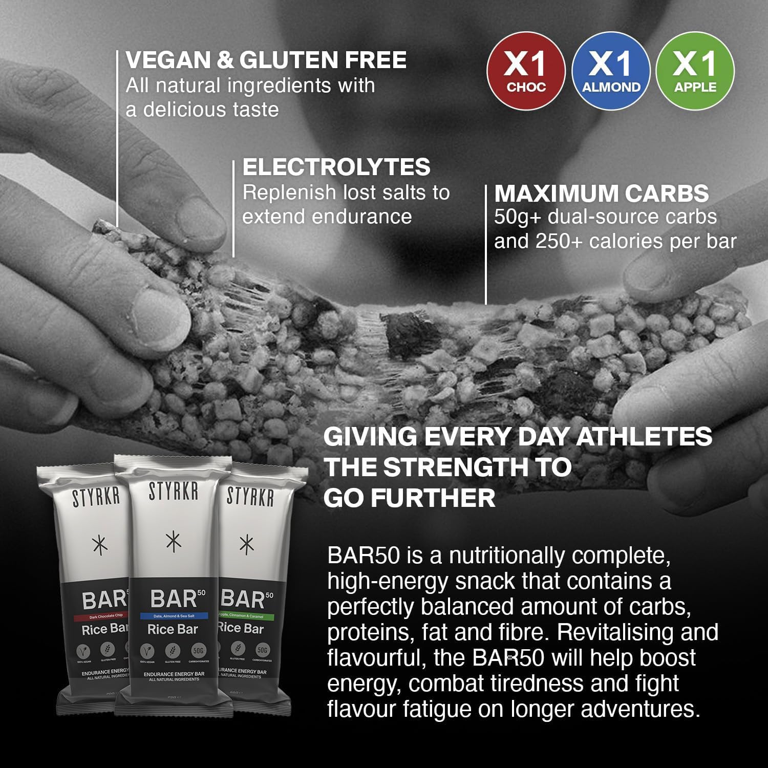 STYRKR Sample Taster Bundle - 3 x BAR 50 Rice Bars, 2 x Tubes of SLT Hypnotic Electrolyte Tablets (1 x 1000mg, 1 x 50mg) For Cycling & Running.-2