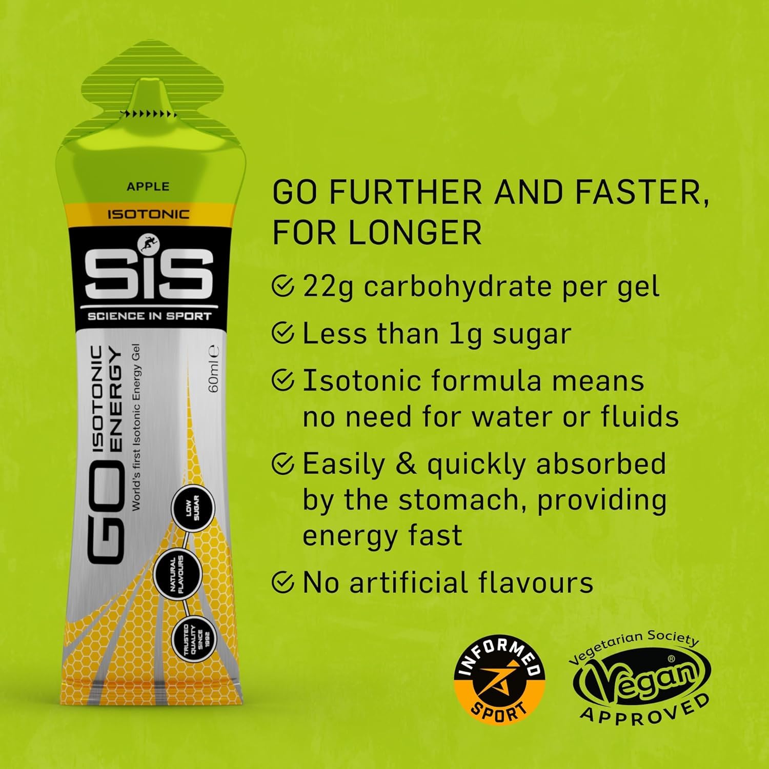 Science in Sport GO Isotonic Energy Gels - 6 x 60ml Packs Bundle with Elastic No-Tie Shoe Laces. Vegan, Lactose Free, Gluten Free, Wheat Free, Nut Free, SOYA Free (6 Gels w/Laces, Apple)-2