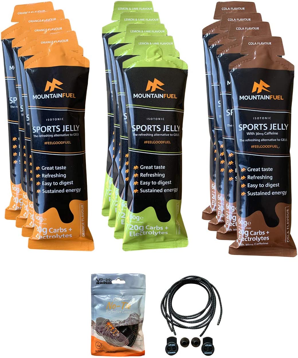 Mountain Fuel Isotonic Sports Jelly - (Pack of 12 Mixed Flavours). Bundled with a Pair of VPoint Leisure No-Tie Elastic Shoe Laces
