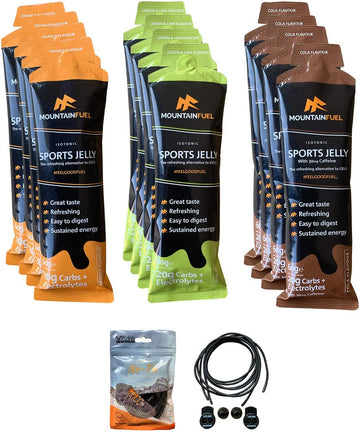 Mountain Fuel Isotonic Sports Jelly - (Pack of 12 Mixed Flavours). Bundled with a Pair of VPoint Leisure No-Tie Elastic Shoe Laces