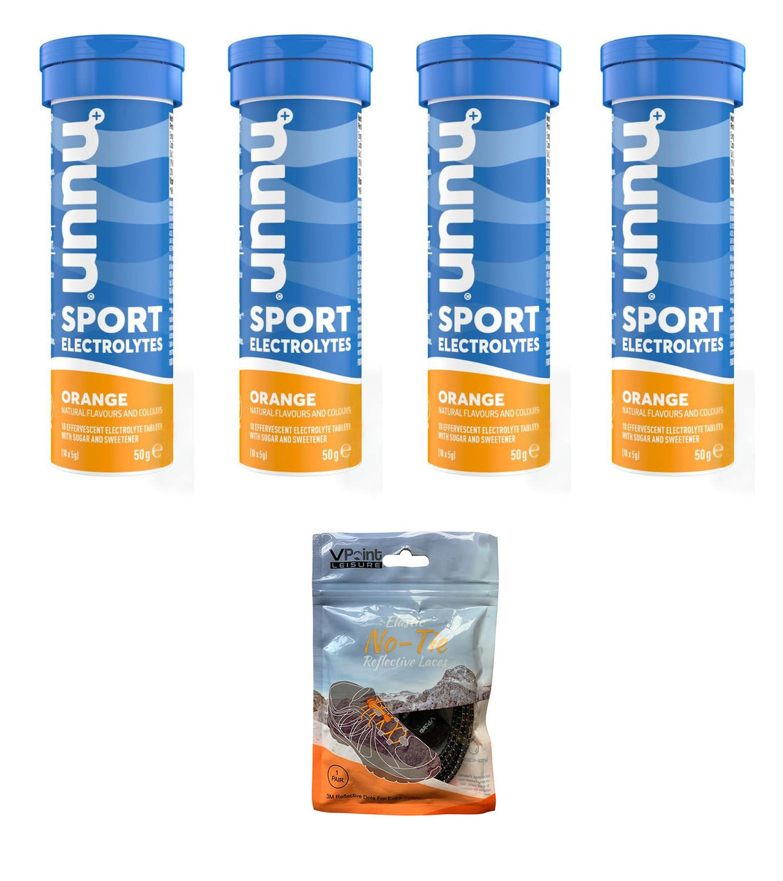 NUUN Sport Electrolytes Hydration Tablets - 4 Tubes of Electrolyte Tabs (40 Total Tablets) Bundled with A Pack of Elastic No-tie Reflective Shoe Laces (Orange)-1