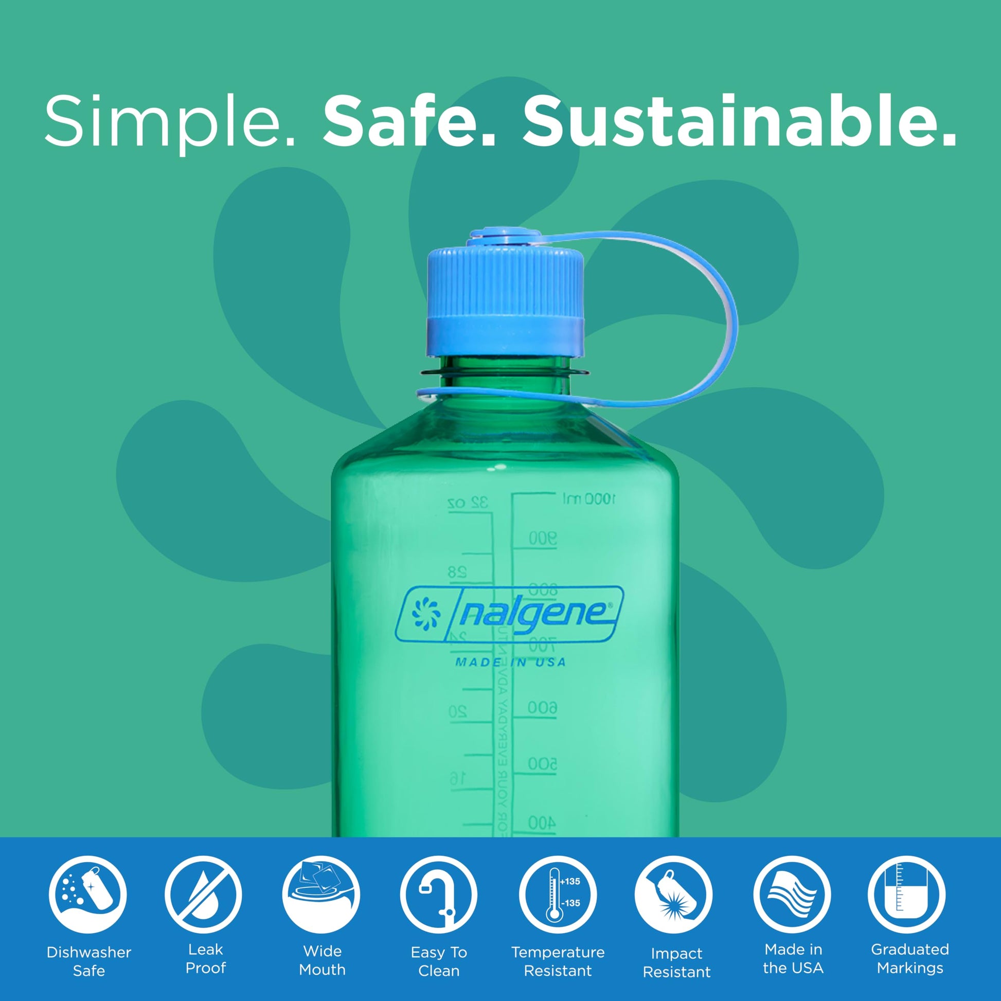 Nalgene Water Bottle - Lightweight Sustain Tritan BPA-Free Shatterproof Bottle for Backpacking, Hiking, Gym, 32 OZ, Narrow Mouth, Pastel Green-2