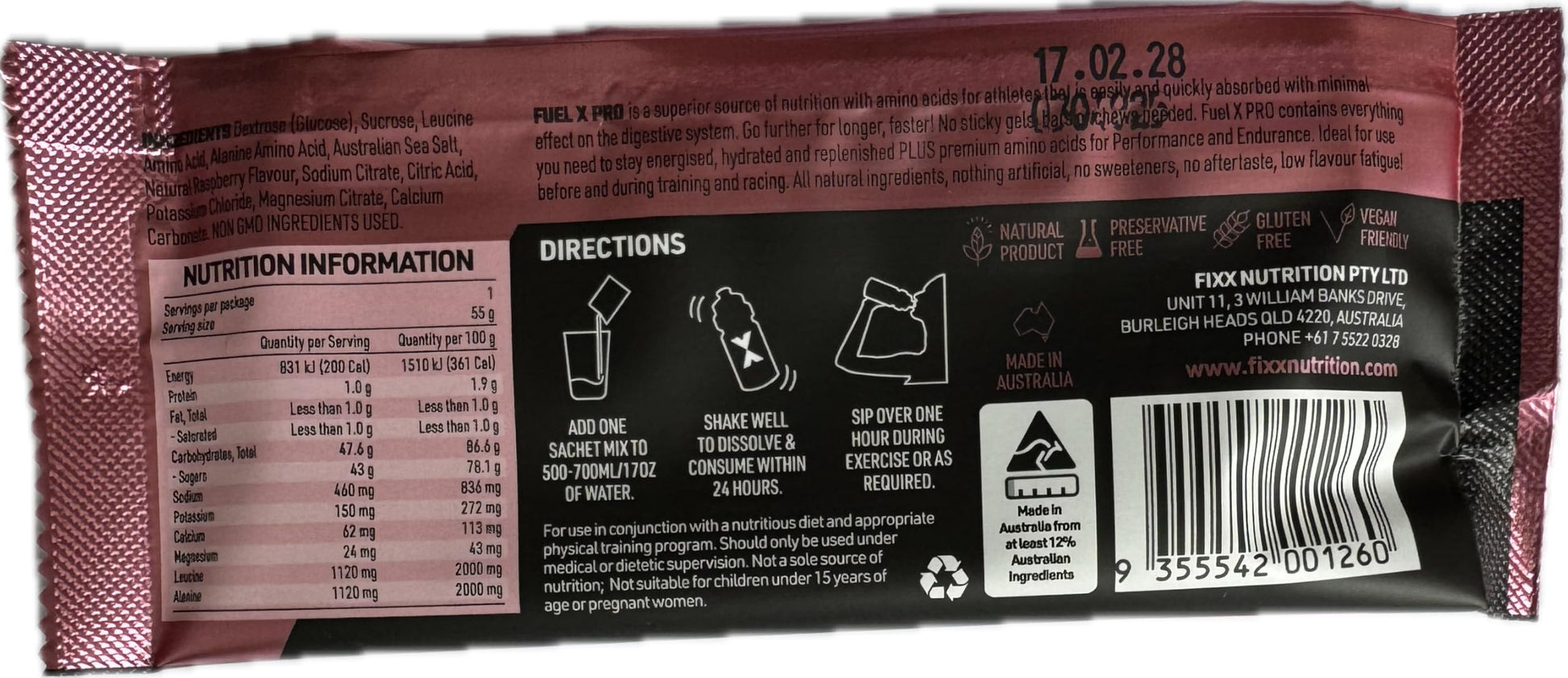 Fixx Nutrition Fuel X Pro Endurance Fuel With Amino Acids - Energy, Electrolytes, Hydration - Box of 12 x 55g Sachets (Raspberry)-2