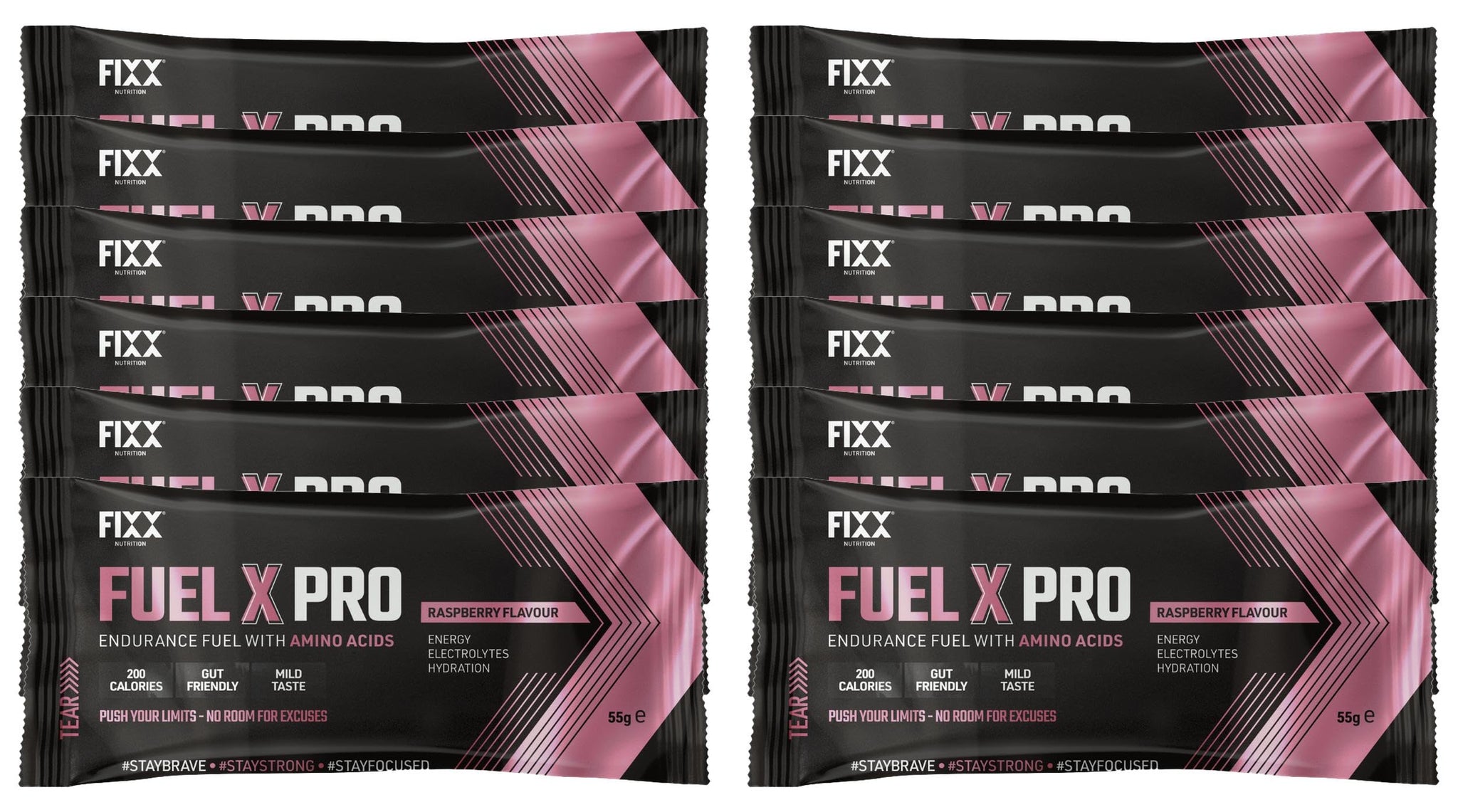 Fixx Nutrition Fuel X Pro Endurance Fuel With Amino Acids - Energy, Electrolytes, Hydration - Box of 12 x 55g Sachets (Raspberry)-1