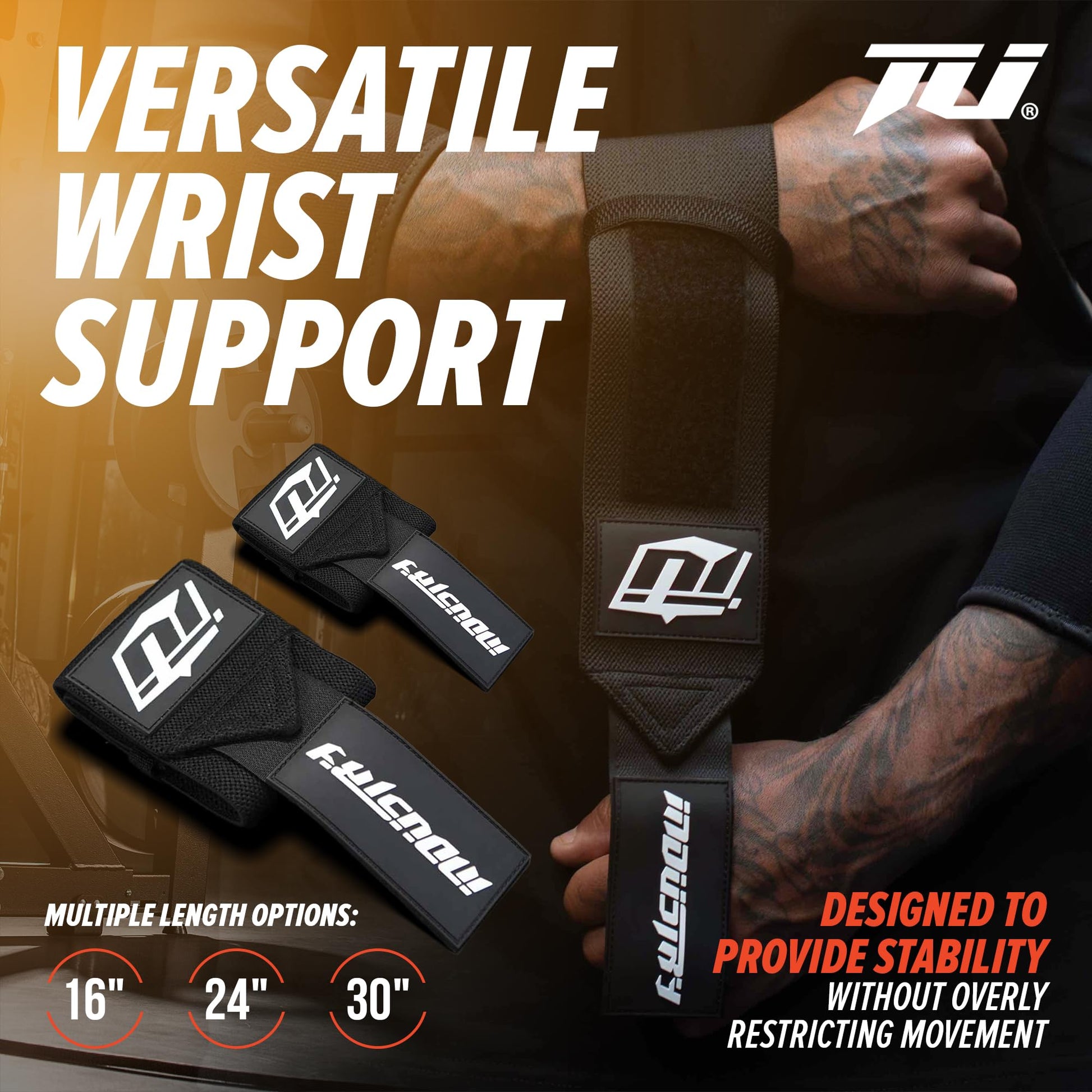 Team Industry Wrist Wraps - No Thumb Loop Lifting Straps - Wrist Straps For Men & Women. Gym, Crossfit, Power Lifting, Body Building, Weightlifting, Deadlift (Black/Neon Orange Logo, 16")-2