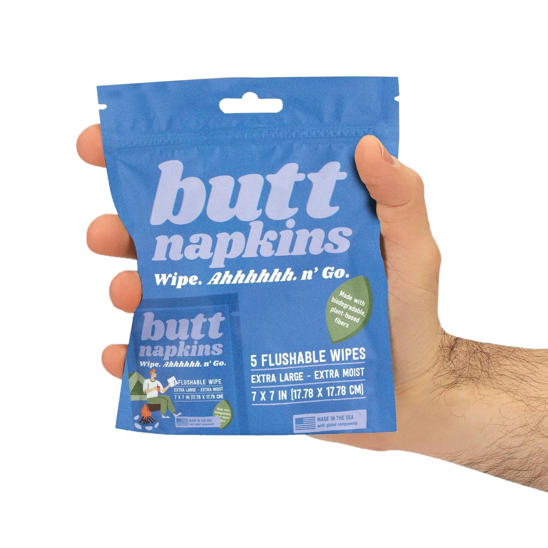 Butt Napkins - Water-Based Flushable Wipes, Individually Wrapped, For On-The-Go & Travel, Running, Camping, Festivals. Unscented & Hypoallergenic, Adult Sized (Camping, 5 Count (Pack of 1))-1
