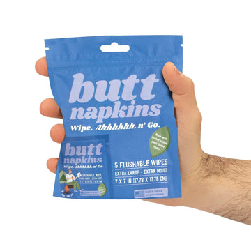 Butt Napkins - Water-Based Flushable Wipes, Individually Wrapped, For On-The-Go & Travel, Running, Camping, Festivals. Unscented & Hypoallergenic, Adult Sized (Camping, 5 Count (Pack of 1))-1
