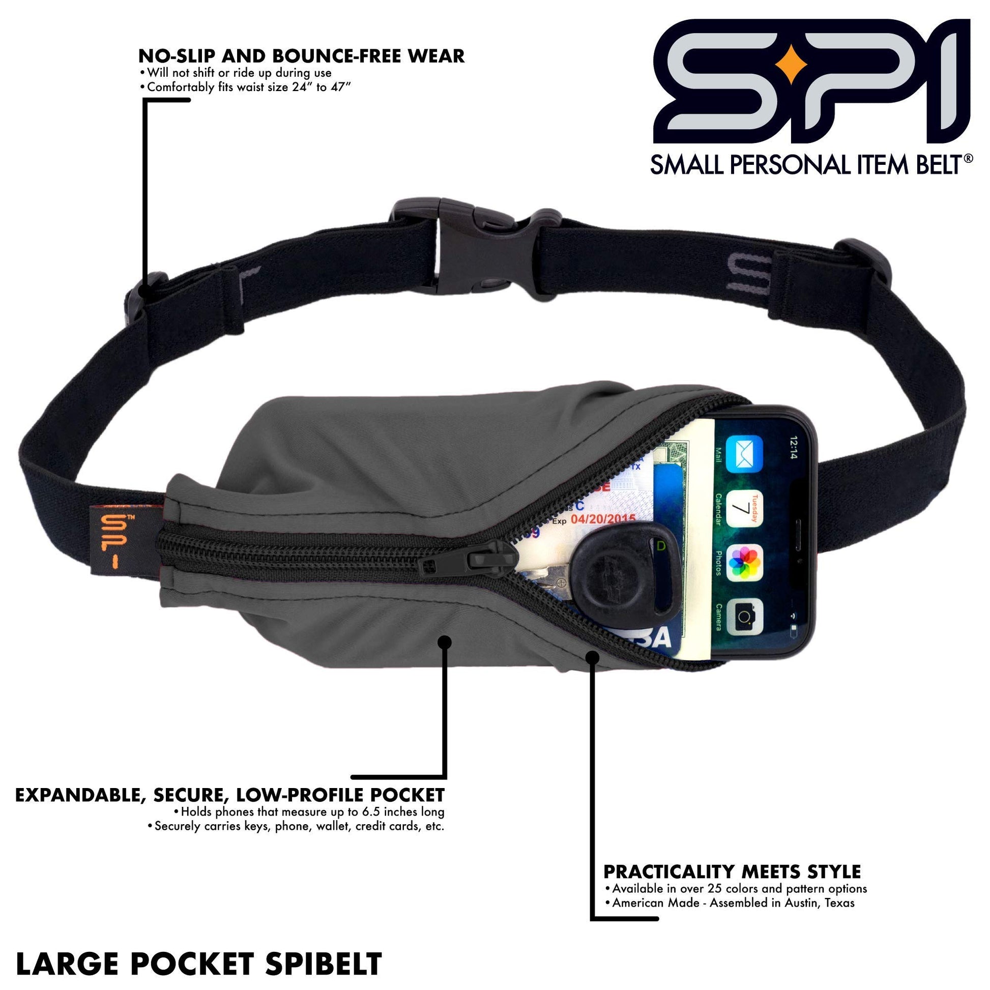 SPIbelt Running Belt Large Pocket, No-Bounce Bum Bag for Runners, iPhone 6 7 8-Plus X Athletes and Adventurers (Black with Turquoise Zipper, 25" Through 47")-3