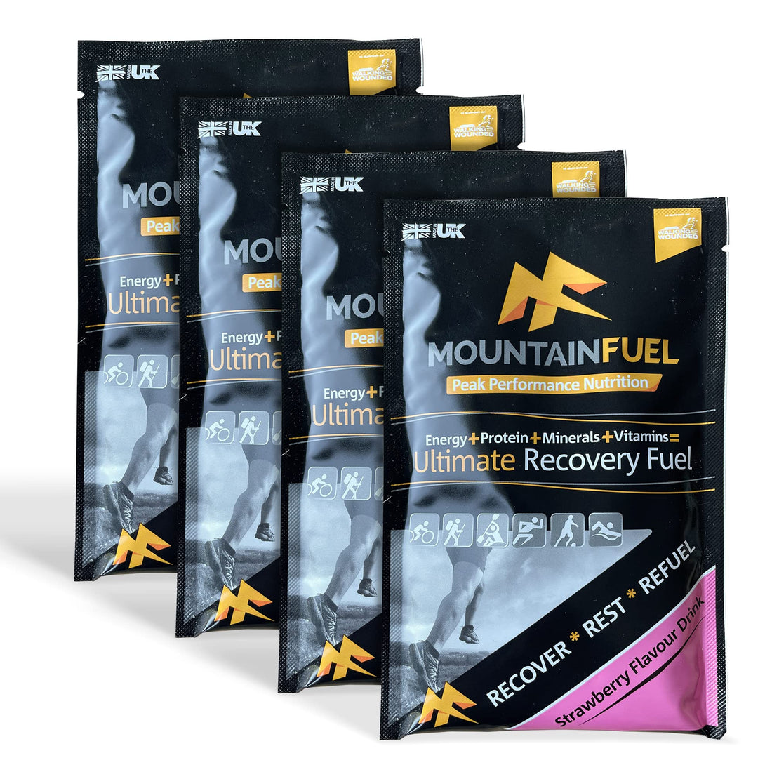 Mountain Fuel Ultimate Recovery Multipack. Contains 4 X Strawberry Energy Sachets for Runners, Cyclists, Marathon Training and Climbing. Contains Carbohydrates, Protein, Fibre and Minerals. WADA-safe.-1