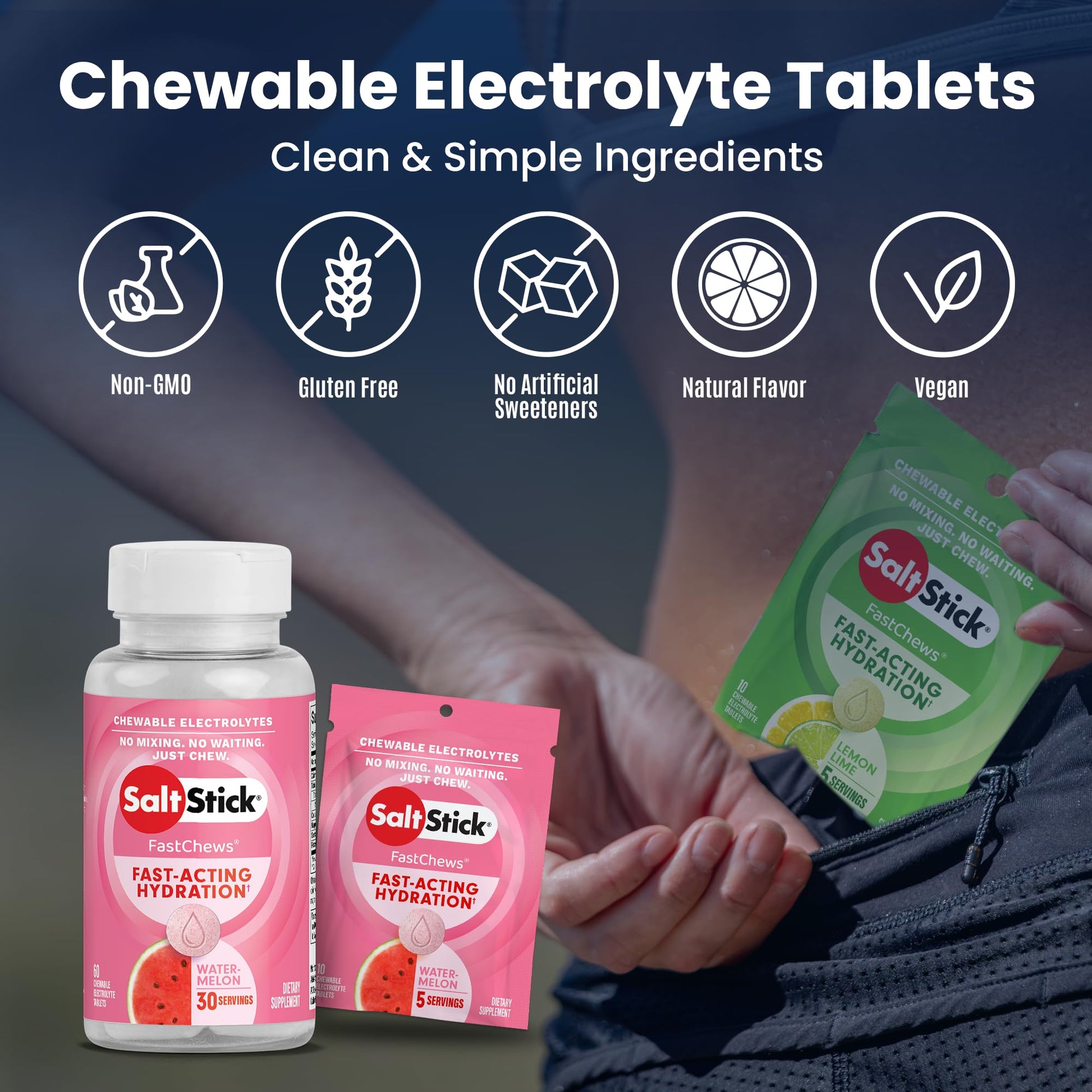 SaltStick Fastchews Watermelon Zip Pack 10 Electrolyte Chewable Tablets with Salt, Minerals (Sodium, Potassium, Calcium, Magnesium) and Carbohydrates, 33g-5