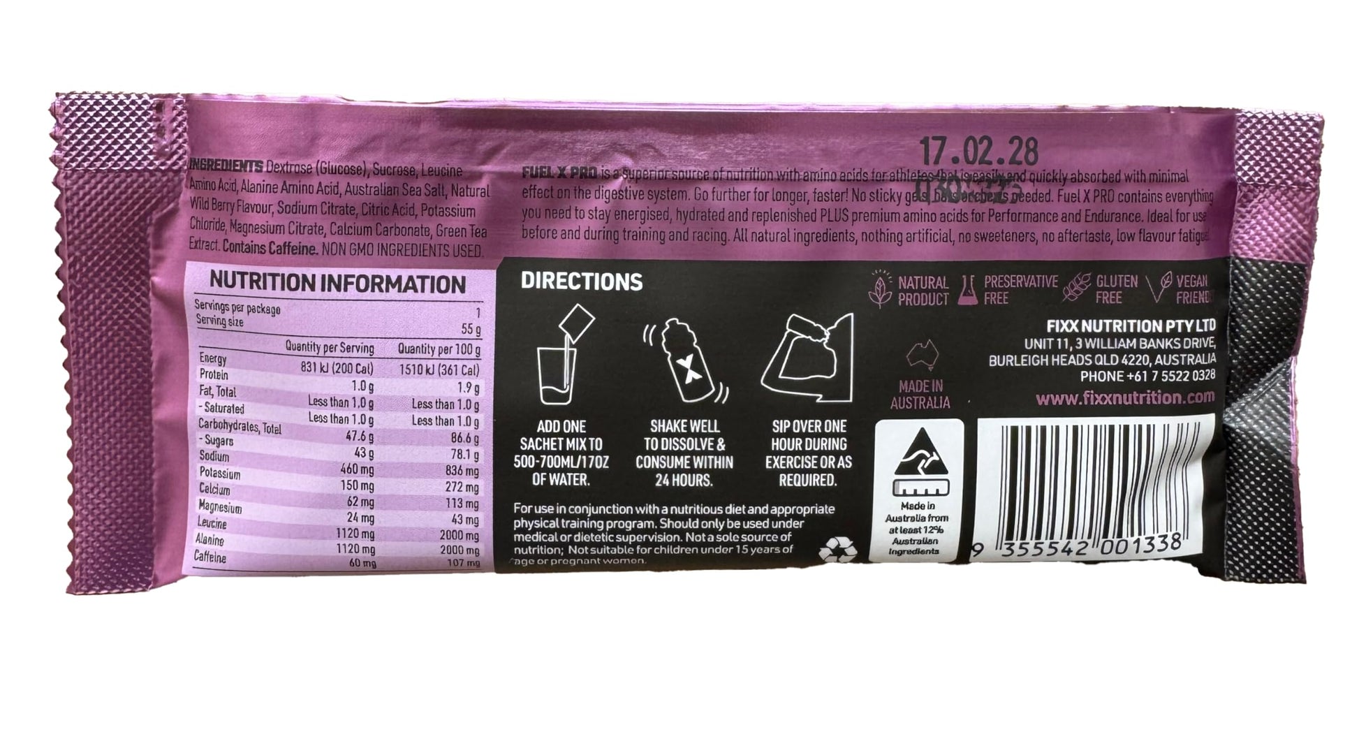 Fixx Nutrition Fuel X Pro Endurance Fuel With Amino Acids - Energy, Electrolytes, Hydration - Box of 12 x 55g Sachets (Wild Berry (Caffeinated))-2