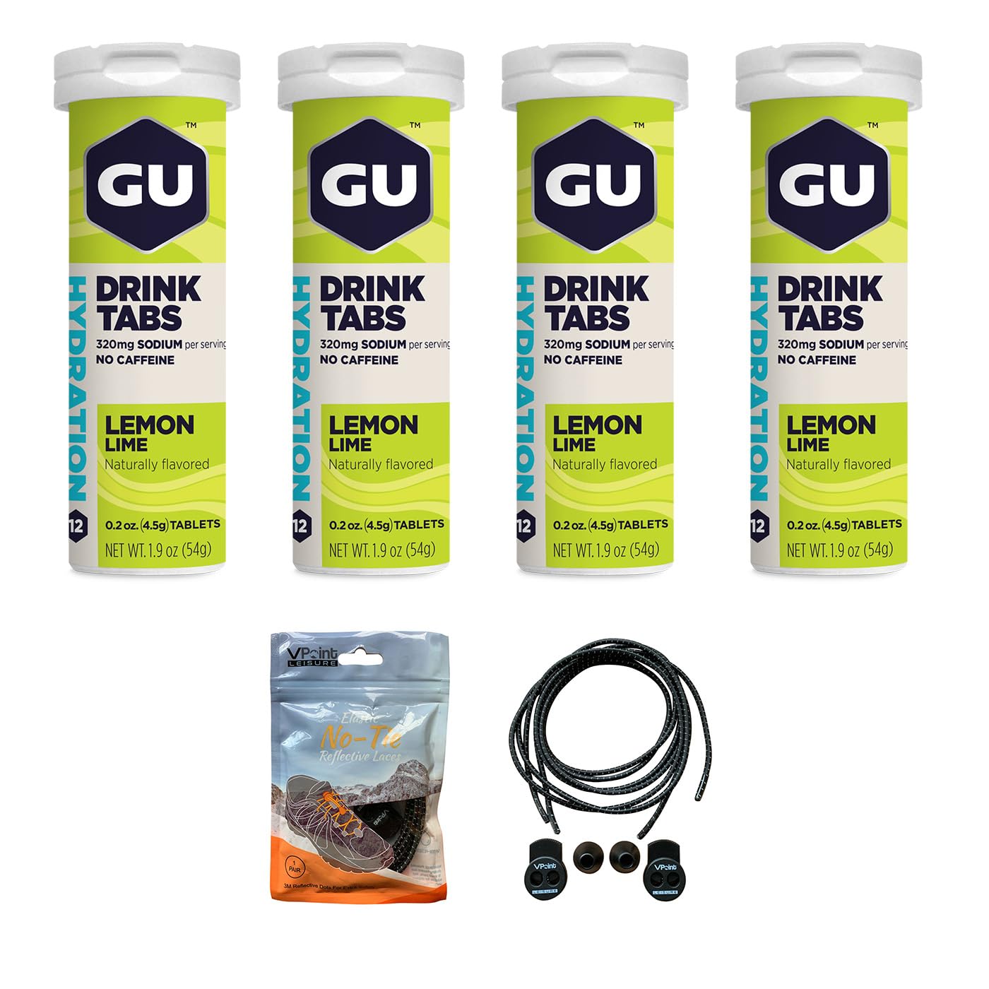 GU Energy Hydration Drink Tabs - 4 Tubes Of Electrolyte Tablets - 12 Tablets Per Tube, 48 Total Tablets - Bundled With An Exclusive Pack Of Elastic No-tie Reflective Shoe Laces